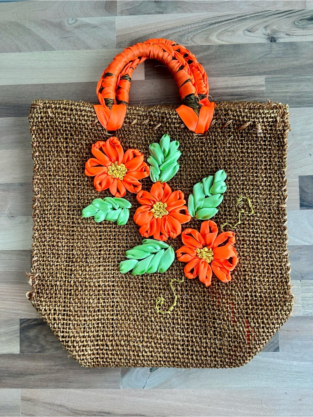 Vintage 1960s 1970s Woven Straw Flower Purse Handcrafted Ribbon Jute Tote Bag